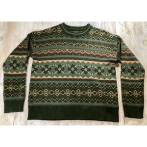 ROMWE Men Fair Isle Sweater Green Brown Tan Geometric Pattern Long Sleeve Size S